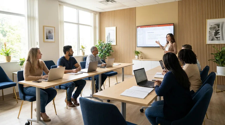 Adult learners in a modern classroom working with an instructor